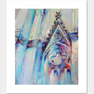 Gothic cathedral. Architectural colorful abstract with graphic silhouette. Oil painting in multicolored tones. Posters and Art